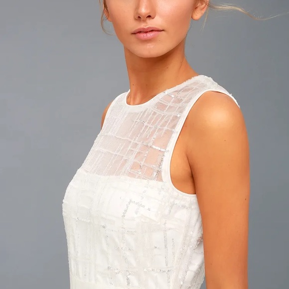 Lulu's “Classy Missy” White Silver Sequin Peplum Midi Shiny Formal Dance Dress - Picture 11 of 14